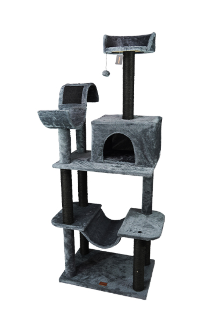Arranhador para gatos cinzento com postes em sisal e múltiplas plataformas