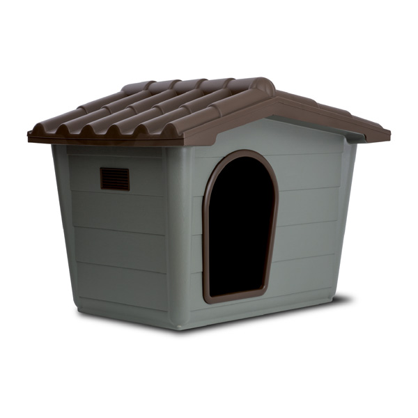 Casota para animais cinzenta com telhado castanho em plástico