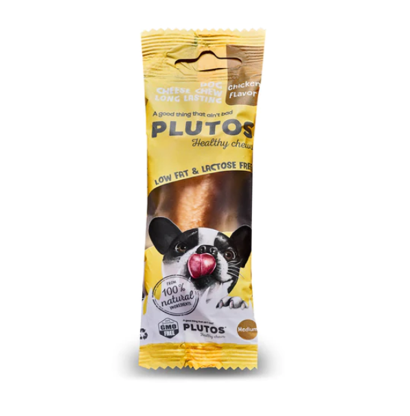 Embalagem amarela de snack para cão sabor frango com imagem de cão e textos informativos