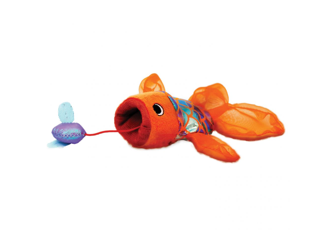 Brinquedo para gato em forma de peixe colorido com bola roxa