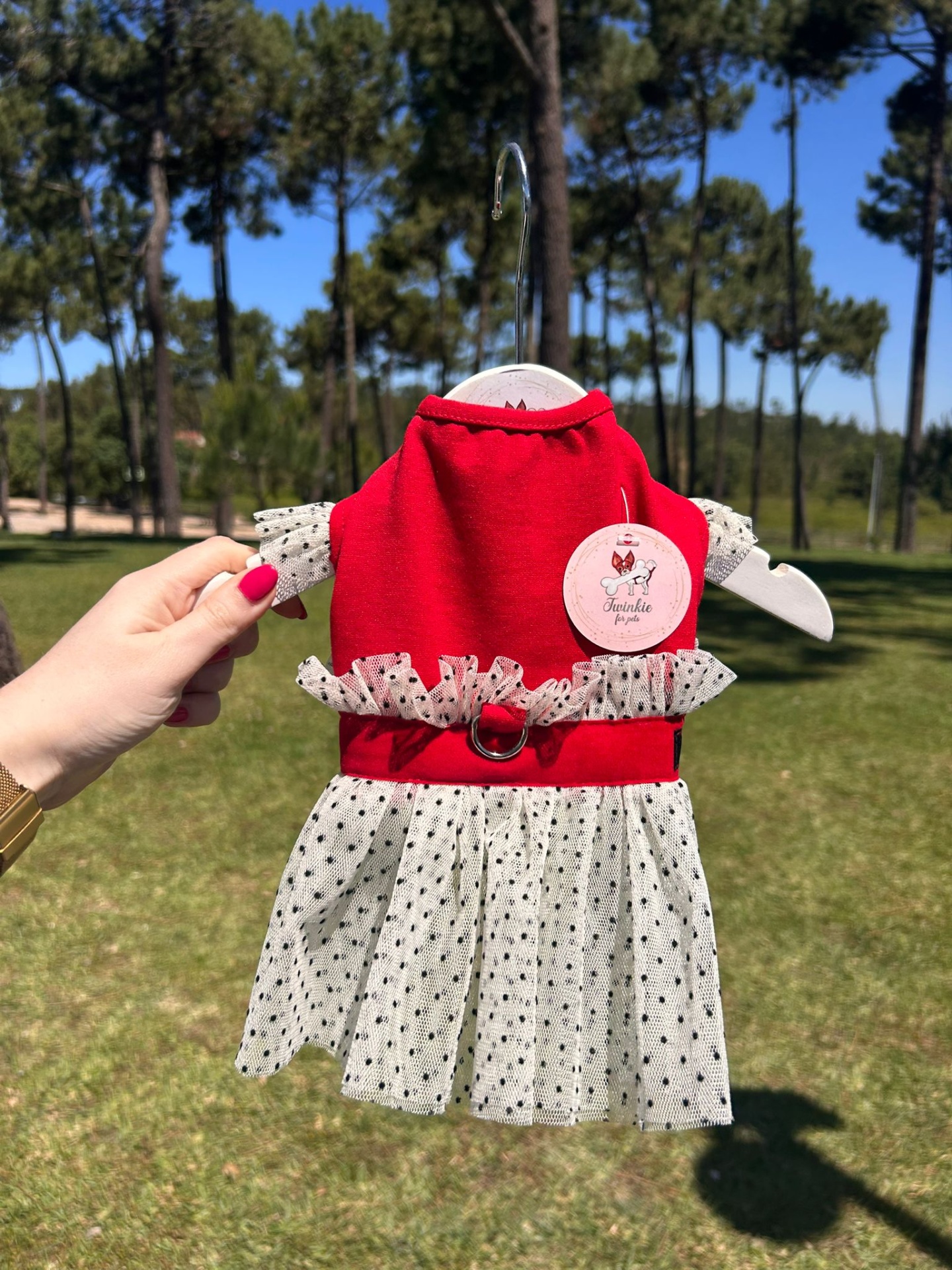 Vestido para cão vermelho com saia branca padrão corações e cinto vermelho