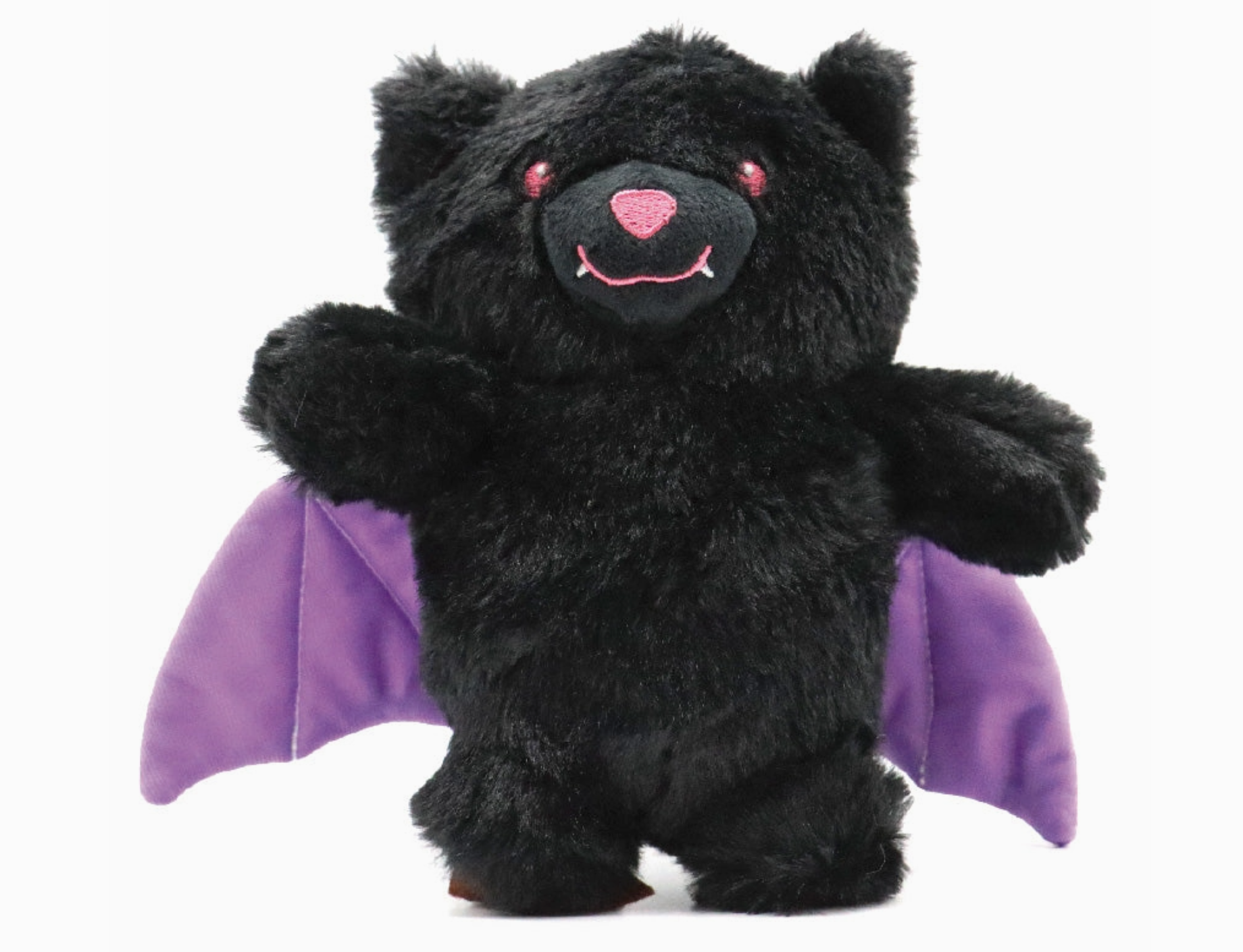 Urso de peluche preto com asas roxas e detalhes rosa