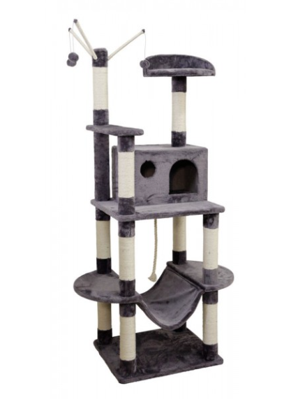 Arranhador para gato cinza com várias plataformas e sisal