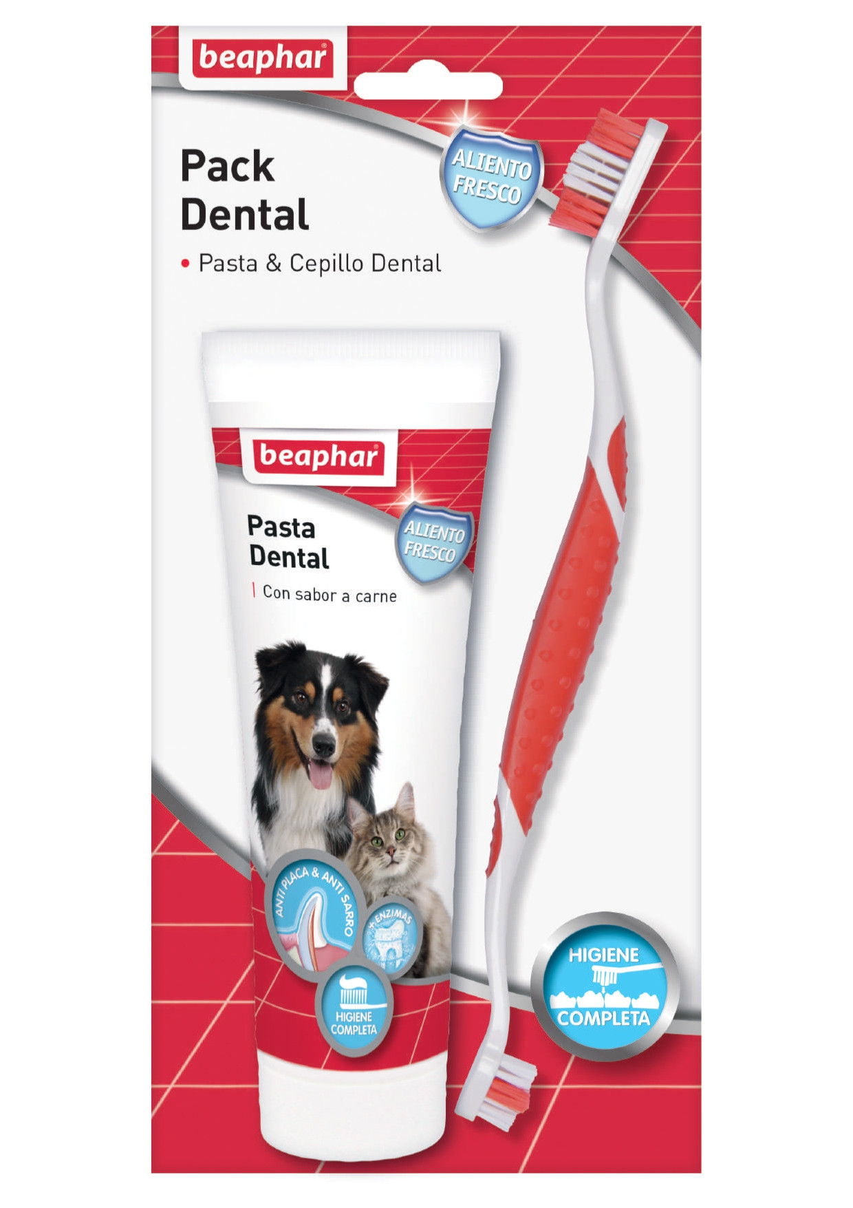 Pack dental beaphar pasta sabor carne e escova dentária com imagens de cão e gato