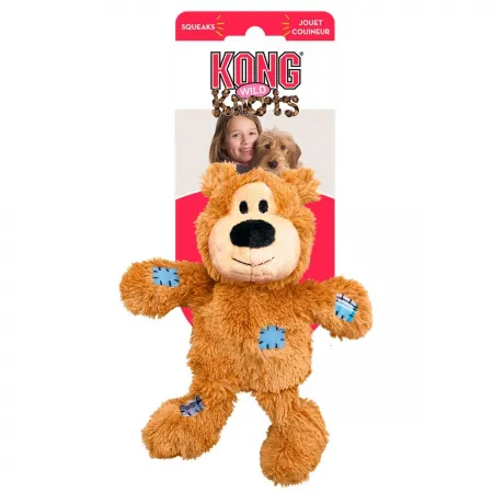 Brinquedo para cães castanho KONG Wild Knots com manchas azuis e rosto sorridente