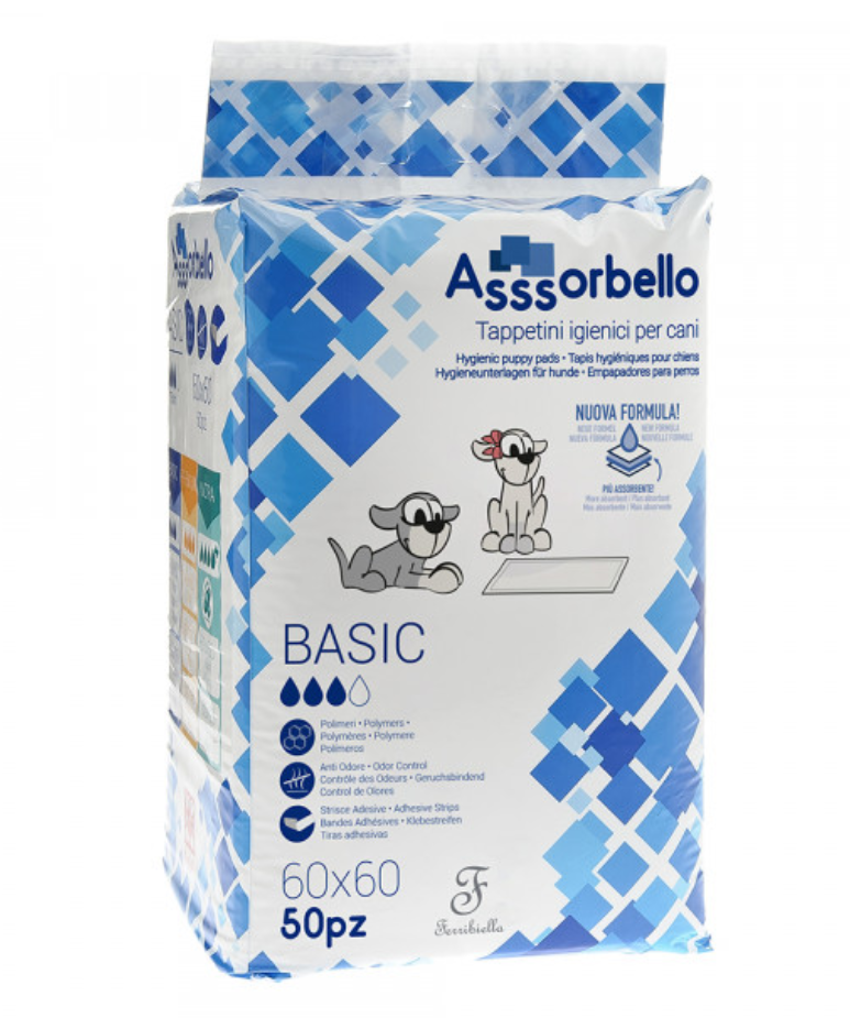 Pacote azul e branco de tapetes higiénicos para cães Asssorbello Basic com 50 unidades