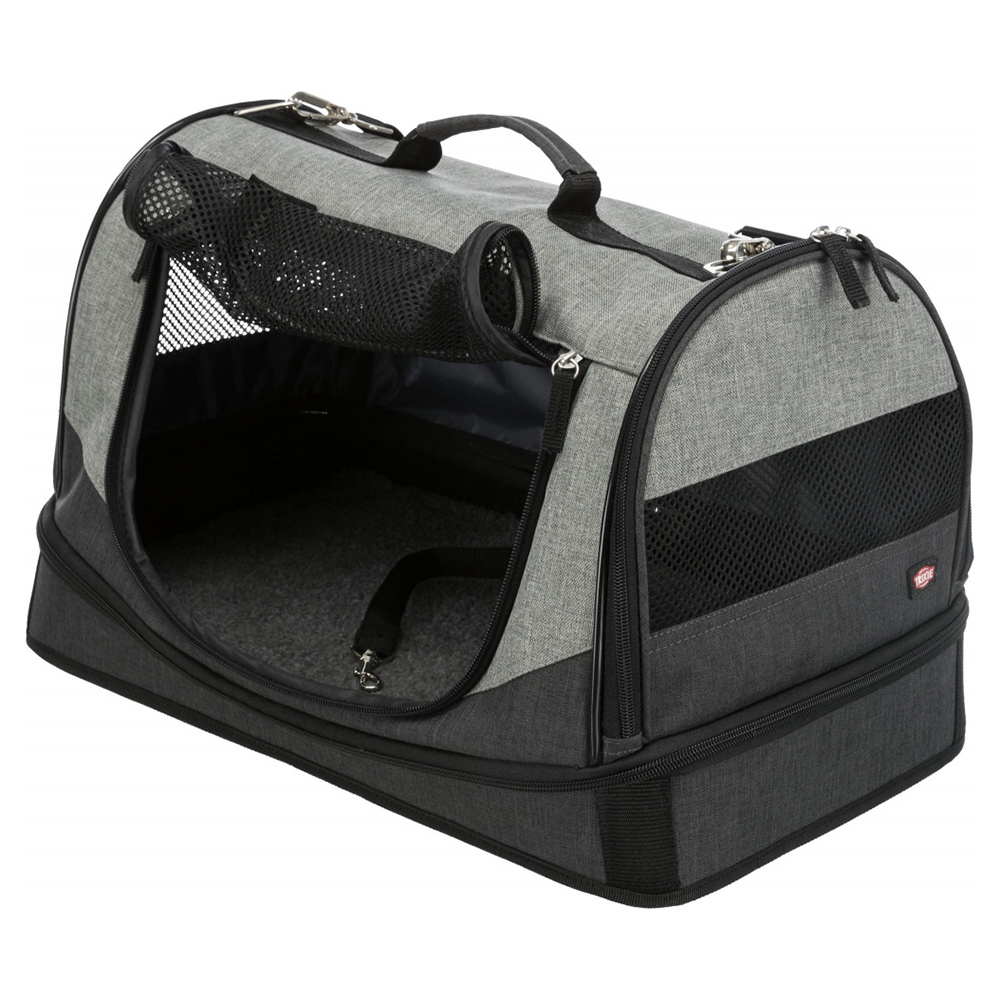 Transportadora para animais cinzenta e preta com rede e zíperes
