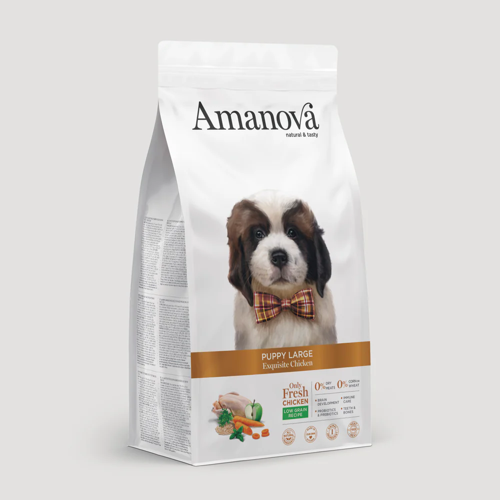 Saco de ração Amanová Puppy Large com imagem de cão e texto informativo