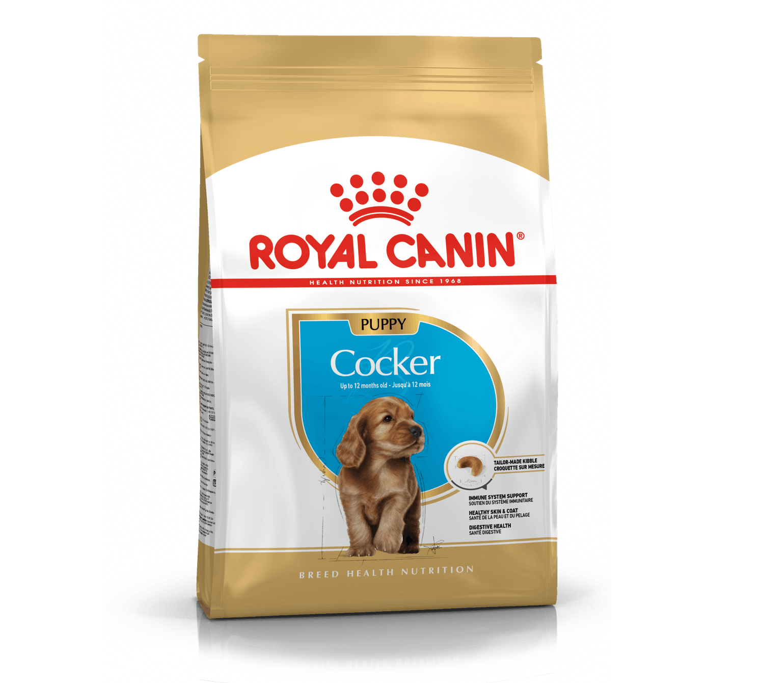 Saco de ração Royal Canin para cachorros da raça Cocker com cores dourado, branco e azul