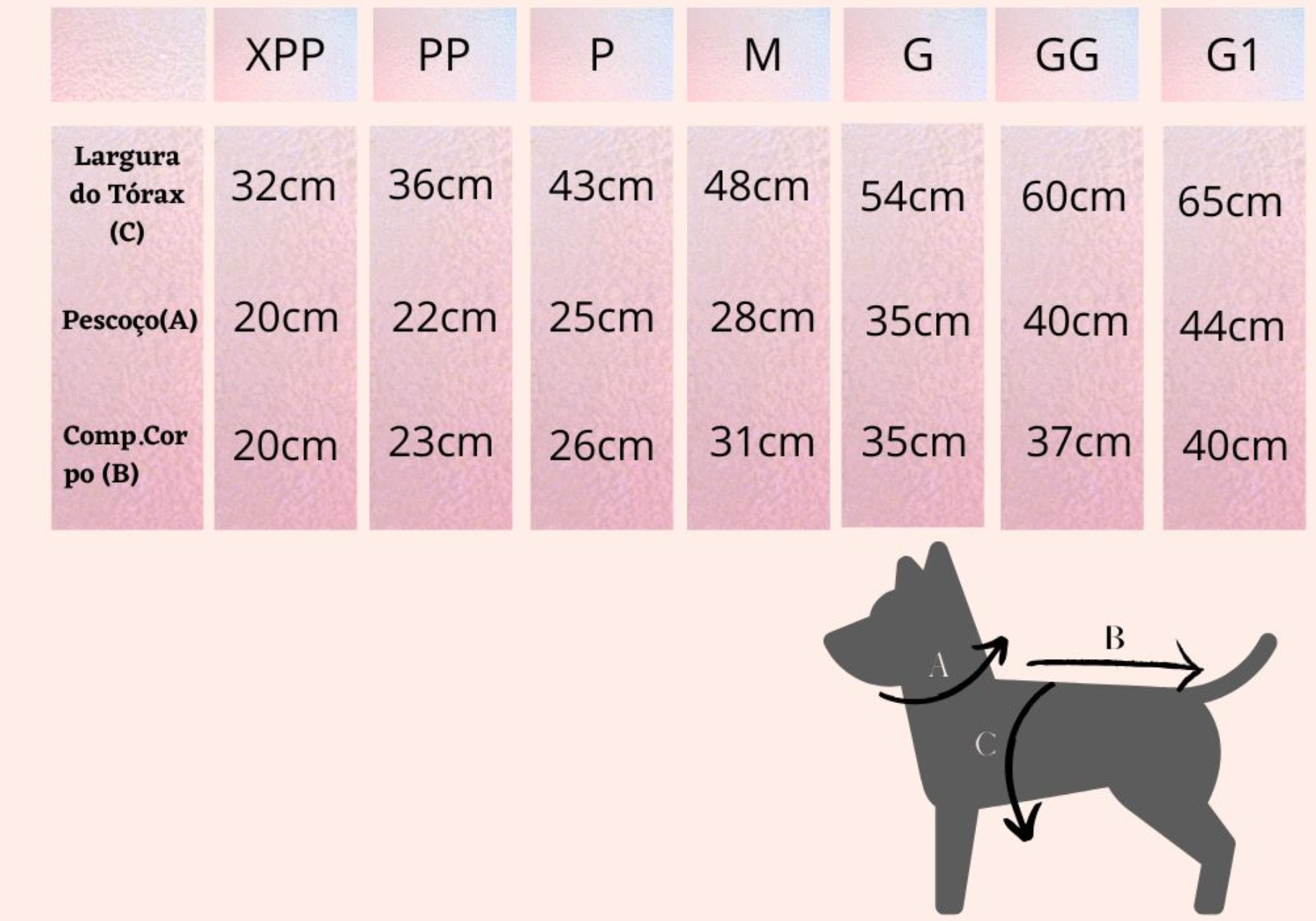 Tabela de tamanhos para roupa de cão com medidas em centímetros e ilustração de cão cinzento.