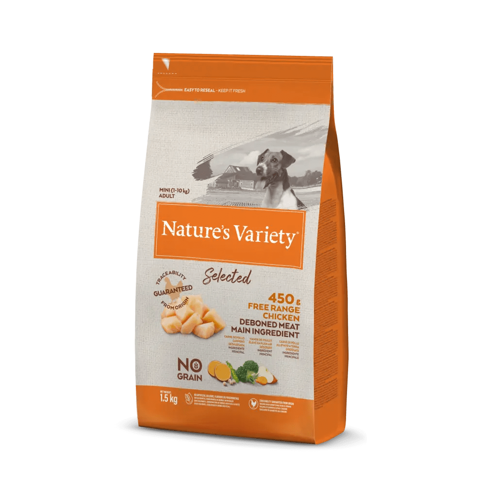 Embalagem de ração para cães Nature's Variety Selected, cor laranja e branco.
