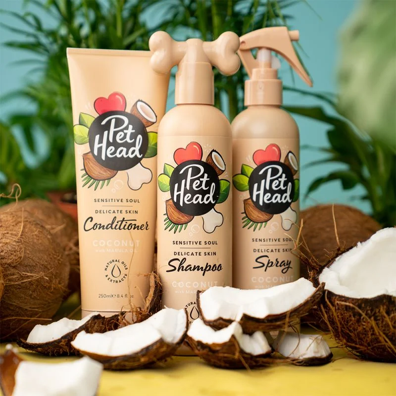 Produtos Pet Head para animais com tema de coco e embalagens bege