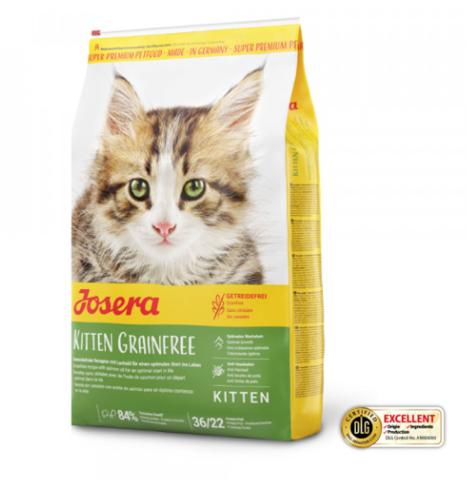 Embalagem de ração Josera Kitten Grainfree com foto de gato e selo DLG EXCELLENT