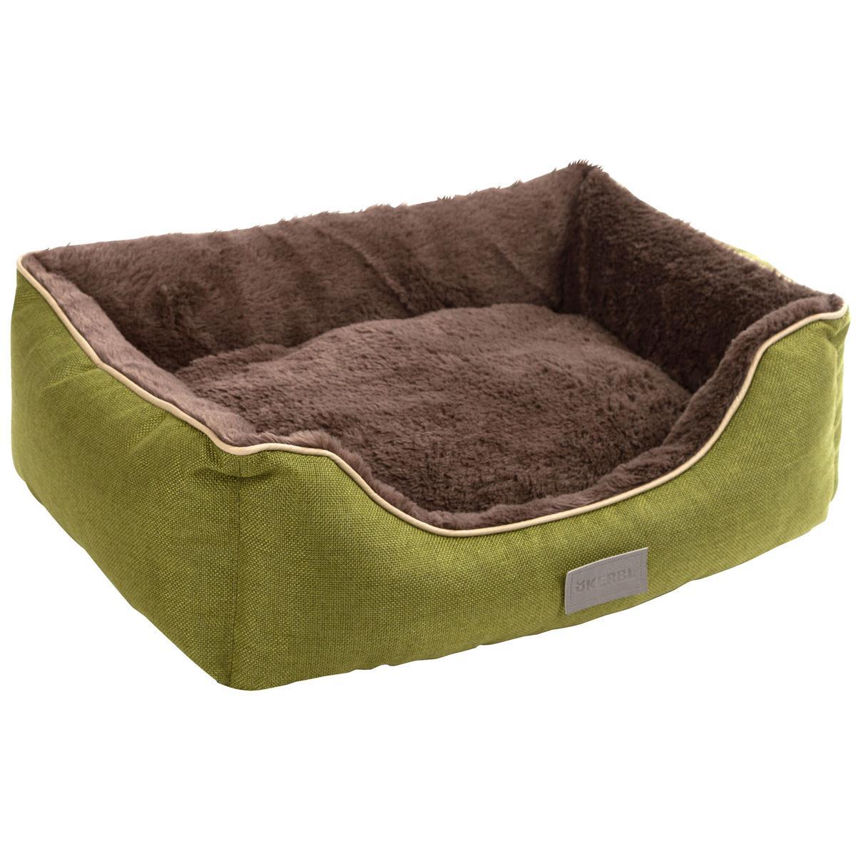 Cama para animais de estimação verde e castanha com interior macio.