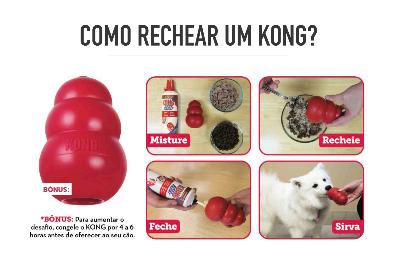 Instruções para rechear brinquedo KONG para cão com imagens em sequência e texto em português.