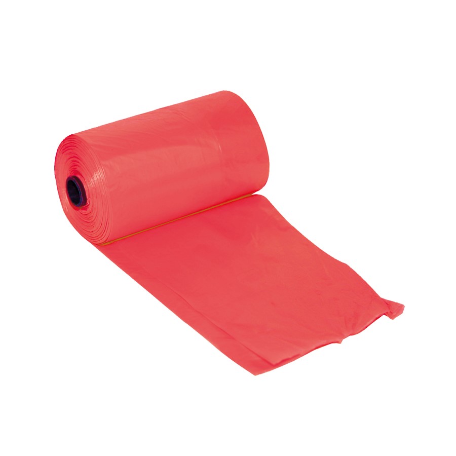 Rolo de saco plástico vermelho com núcleo preto