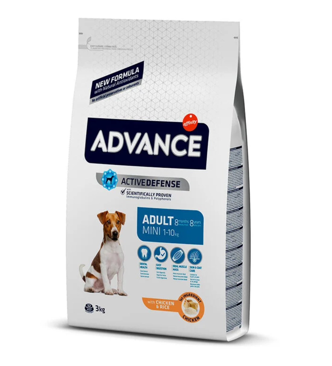 Saco de ração Advance Adult Mini para cães pequenos, 3kg, com galinha e arroz.