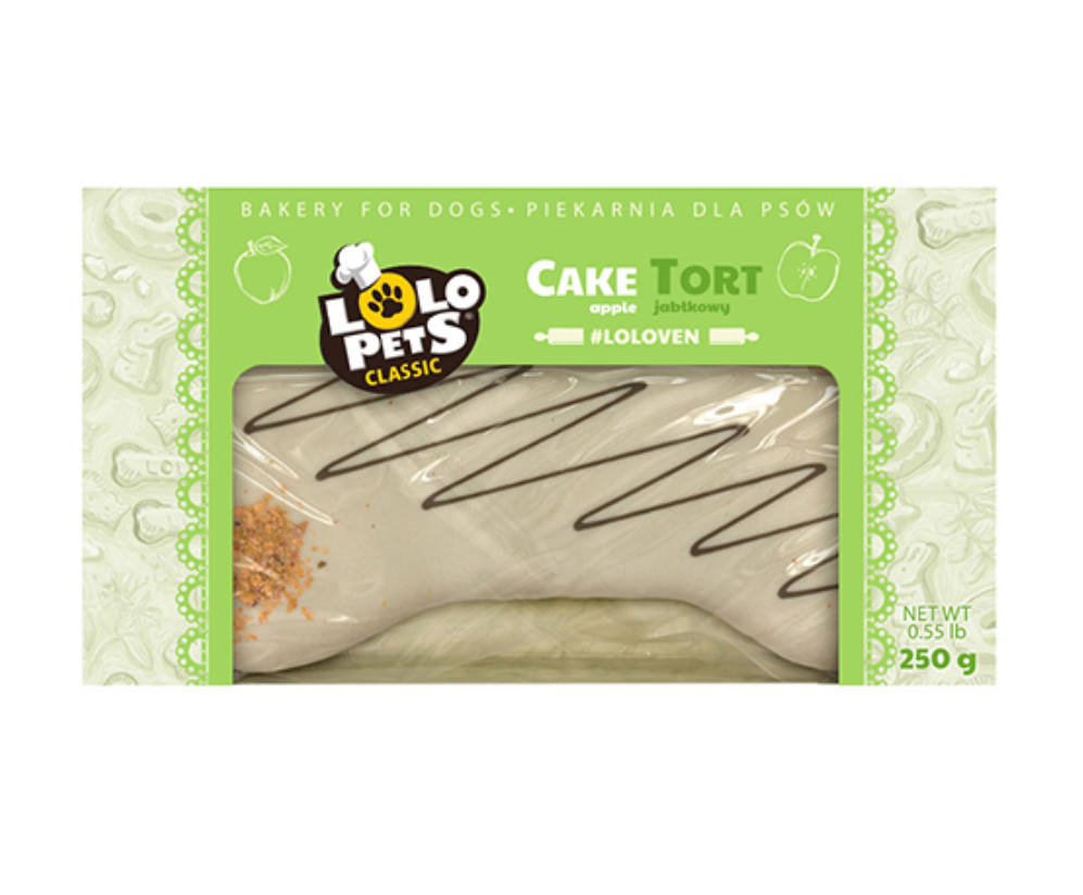 Produto em formato de osso para cães numa embalagem verde clara com texto e desenho de maçãs