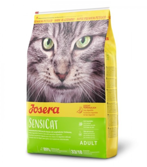 Saco de ração para gatos Josera SensiCat com imagem de gato cinzento
