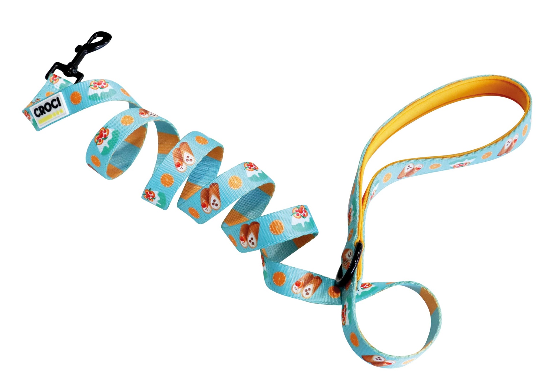 Trela para cão azul com desenhos animais castanhos e flores laranjas