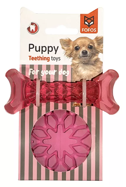 Brinquedo de dentição para cachorro osso vermelho e bola rosa em embalagem com foto de cão pequeno