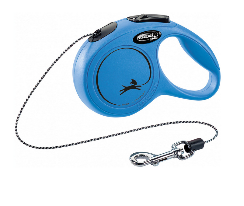 Trela retrátil para cães azul com cabo de nylon e fecho metálico