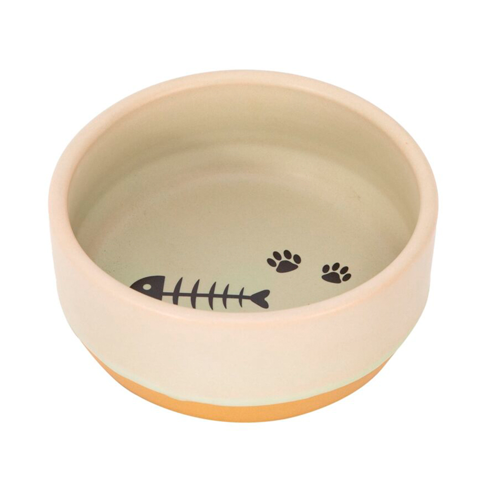 Tigela de cerâmica bege com base laranja e design de esqueleto de peixe e pegadas pretas no interior