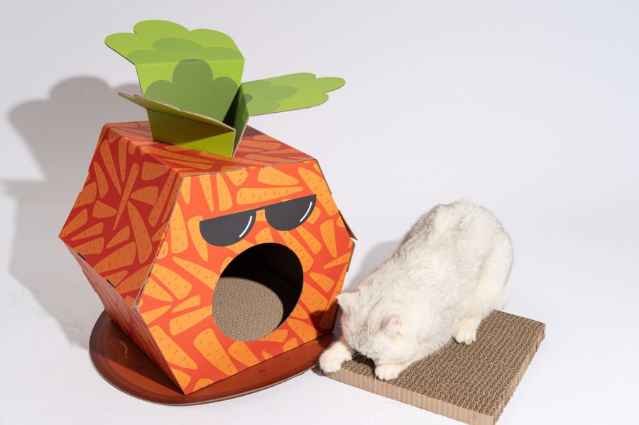 Casa para gato em forma de cenoura com padrão de cenouras laranja e tapete de arranhar junto a gato branco