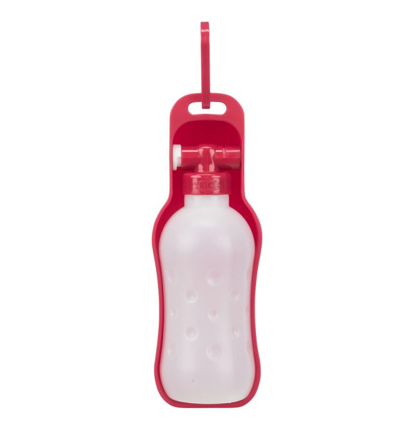 Garrafa de água portátil para cães com suporte vermelho e garrafa branca translúcida