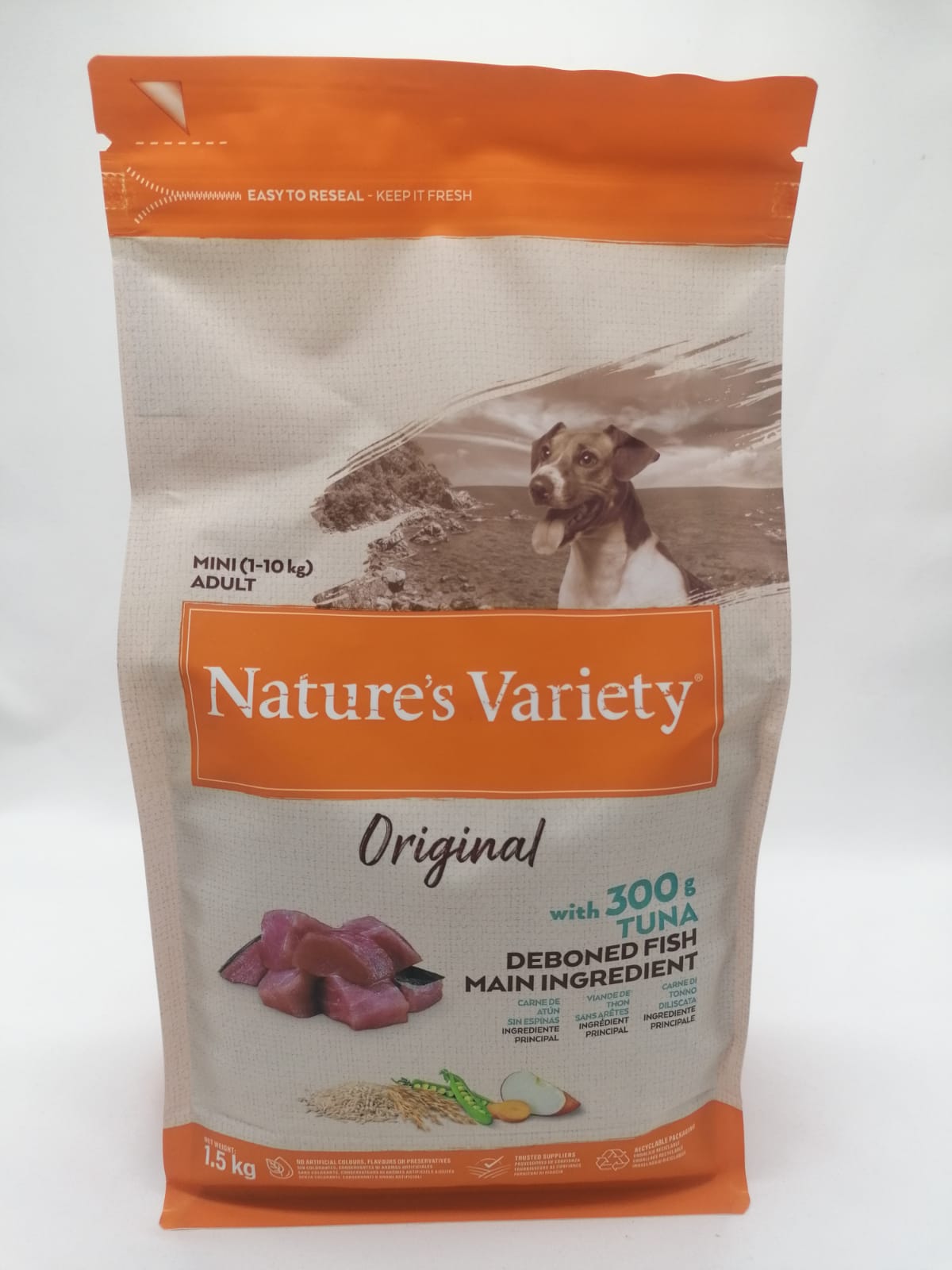 Saco de ração para cães Nature's Variety Original, para cães adultos mini 1 a 10 kg, com atum e peixe desossado.