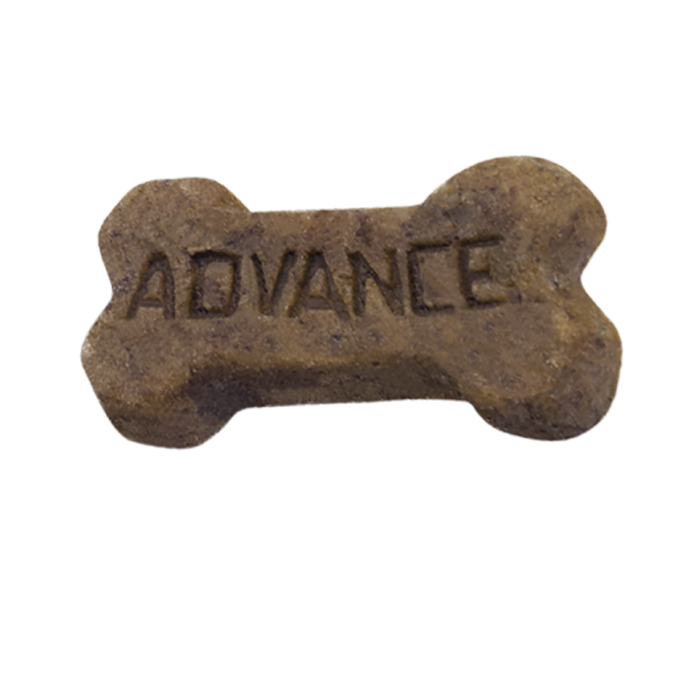Biscuits para cães em forma de osso com texto ADVANCE e régua de medição
