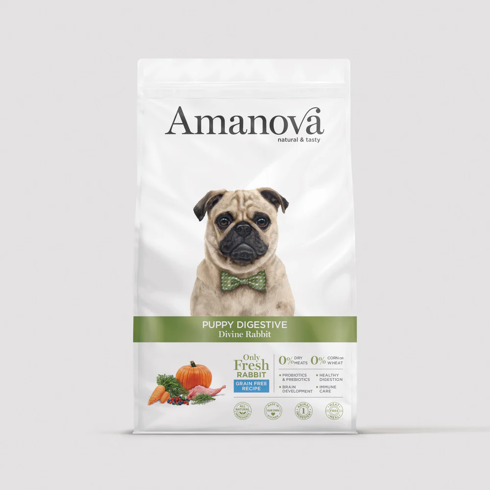 Saco branco ração para cachorros Amanova com pug e texto Puppy Digestive Divine Rabbit