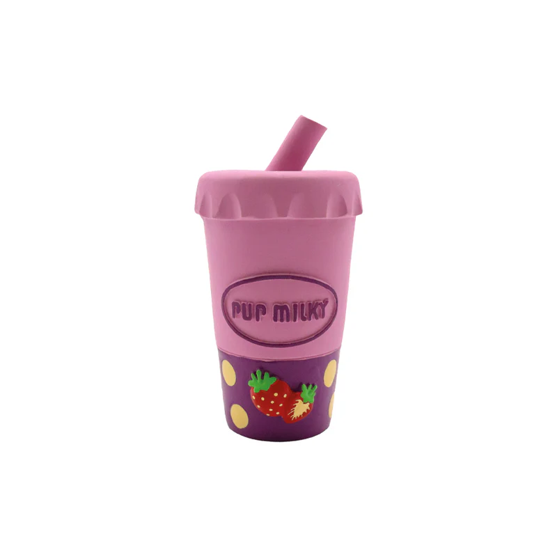 Brinquedo copo rosa e roxo com canudo morangos e texto Pup Milky