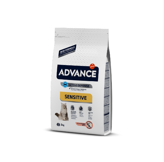 Saco branco de ração para gatos ADVANCE SENSITIVE com etiqueta amarela