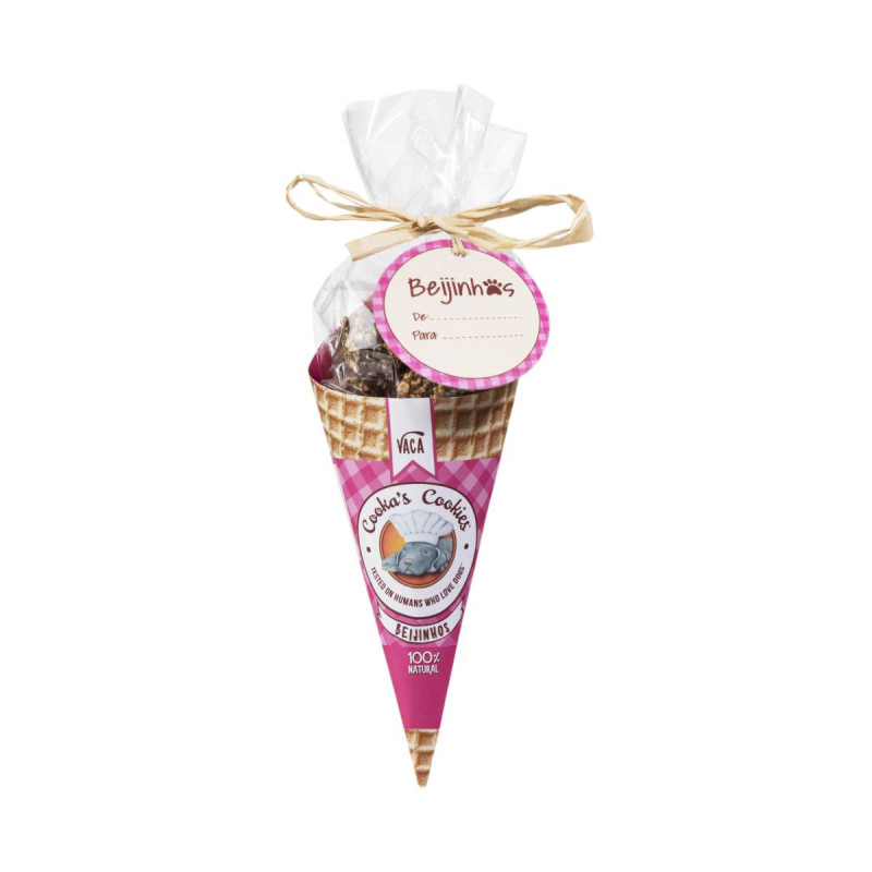 Pacote de cookies em cone com etiqueta rosa e laço de corda