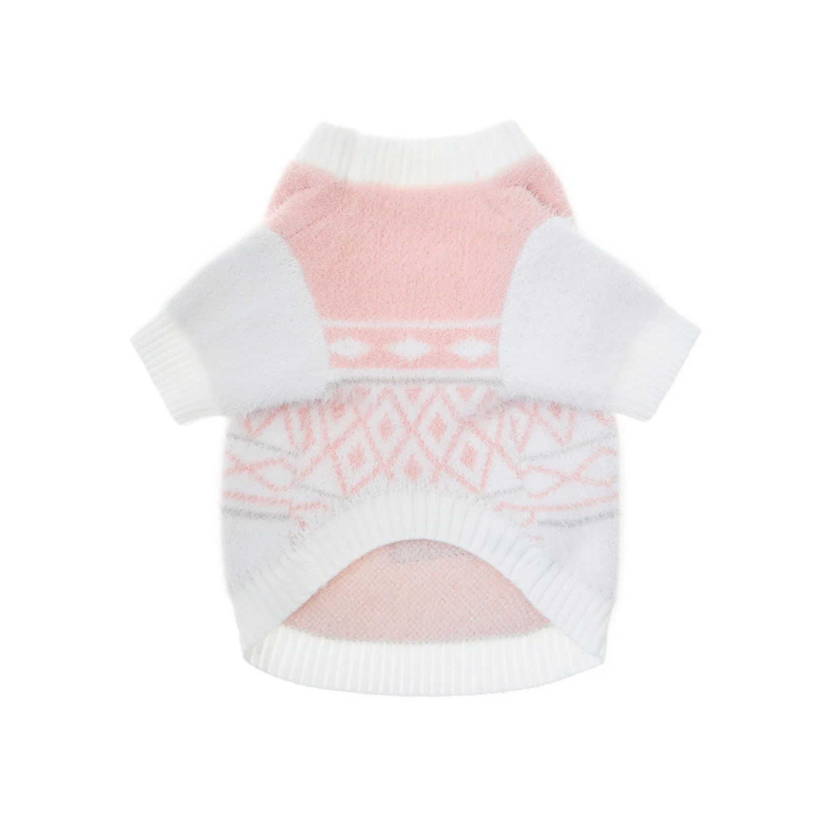 Camisola de malha para cão rosa e branco com padrão geométrico