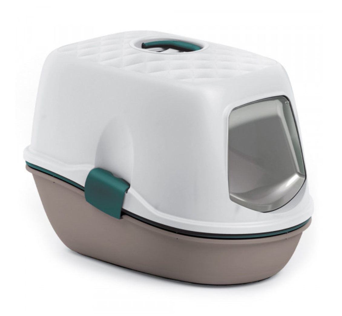 Casa de banho para gatos em plástico bege e branco com pega verde-escuro.