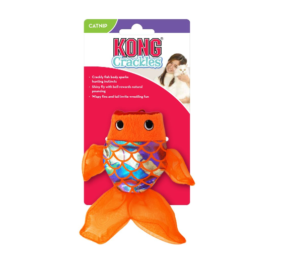 Brinquedo para gatos KONG Crackles em forma de peixe laranja com escamas brilhantes