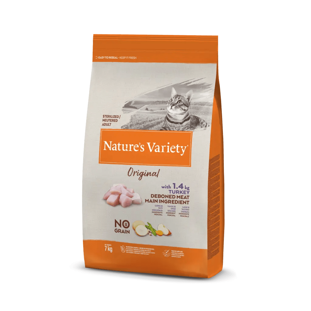 Saco de ração para gatos Nature's Variety Original, com imagem de gato e pedaços de carne