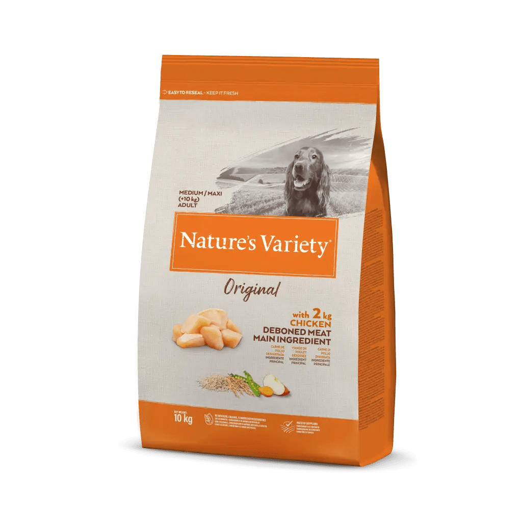 Saco de ração Nature's Variety Original para cães, 10 kg, branco e laranja com imagem de cão e pedaços de frango