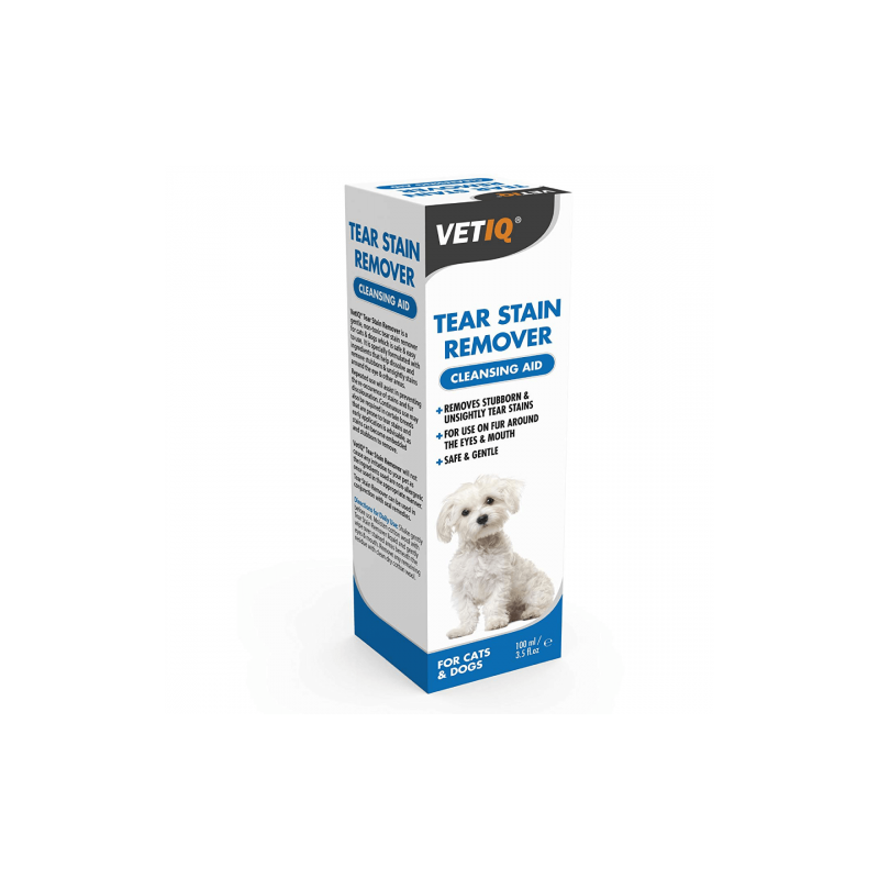 Embalagem VetIQ Tear Stain Remover para gatos e cães com cachorro branco