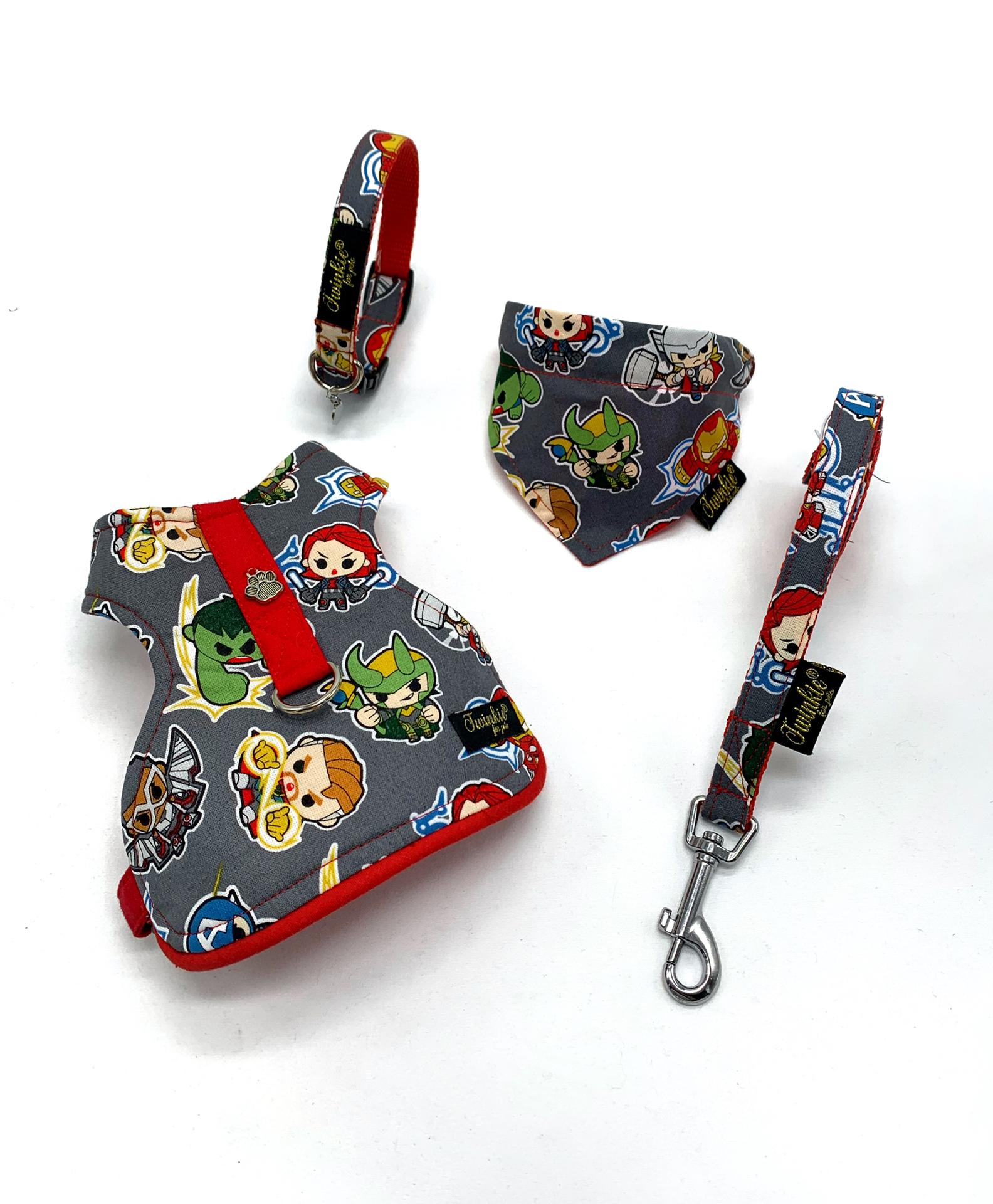 Conjunto de acessórios para cães com padrão de personagens de desenhos animados coloridos sobre fundo cinza.