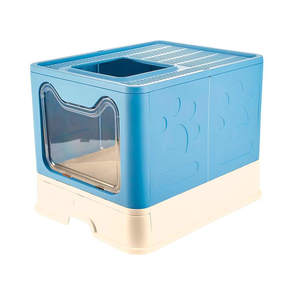 Caixa para gato em plástico azul com janela transparente e base branca