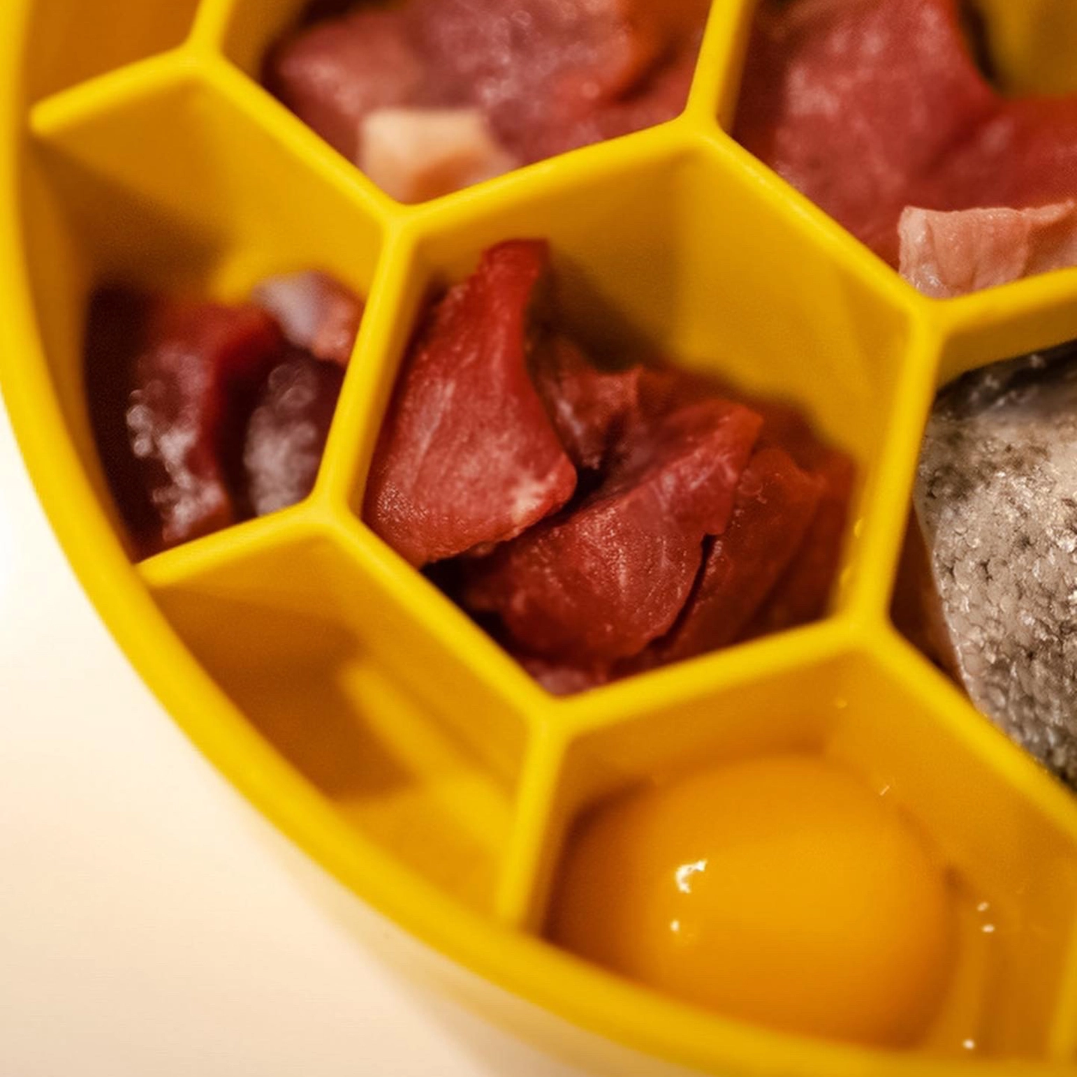 Tabuleiro amarelo com divisórias contendo carne, gema de ovo e outros alimentos