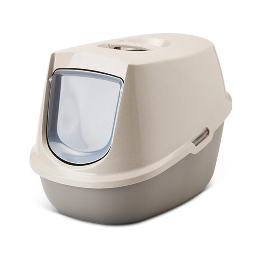 Caixa de areia para gatos de plástico cinza claro e bege com porta transparente