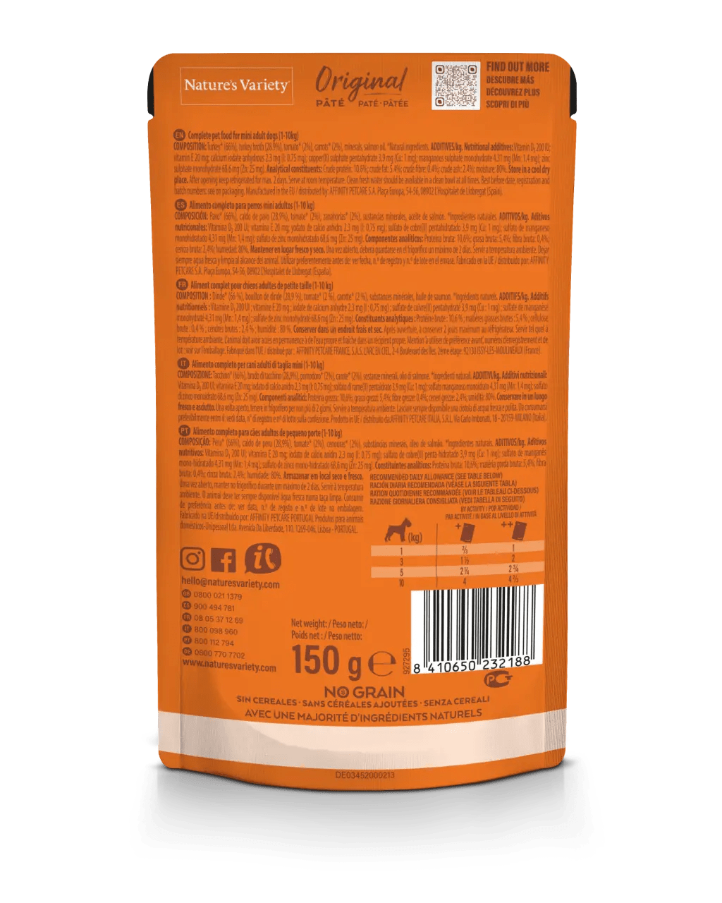 Embalagem flexível Nature's Variety Original Pâté de 150g com texto informativo