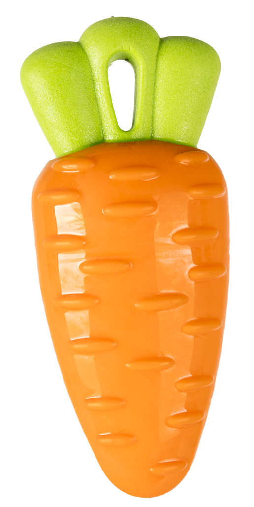 Brinquedo em forma de cenoura em plástico verde e laranja