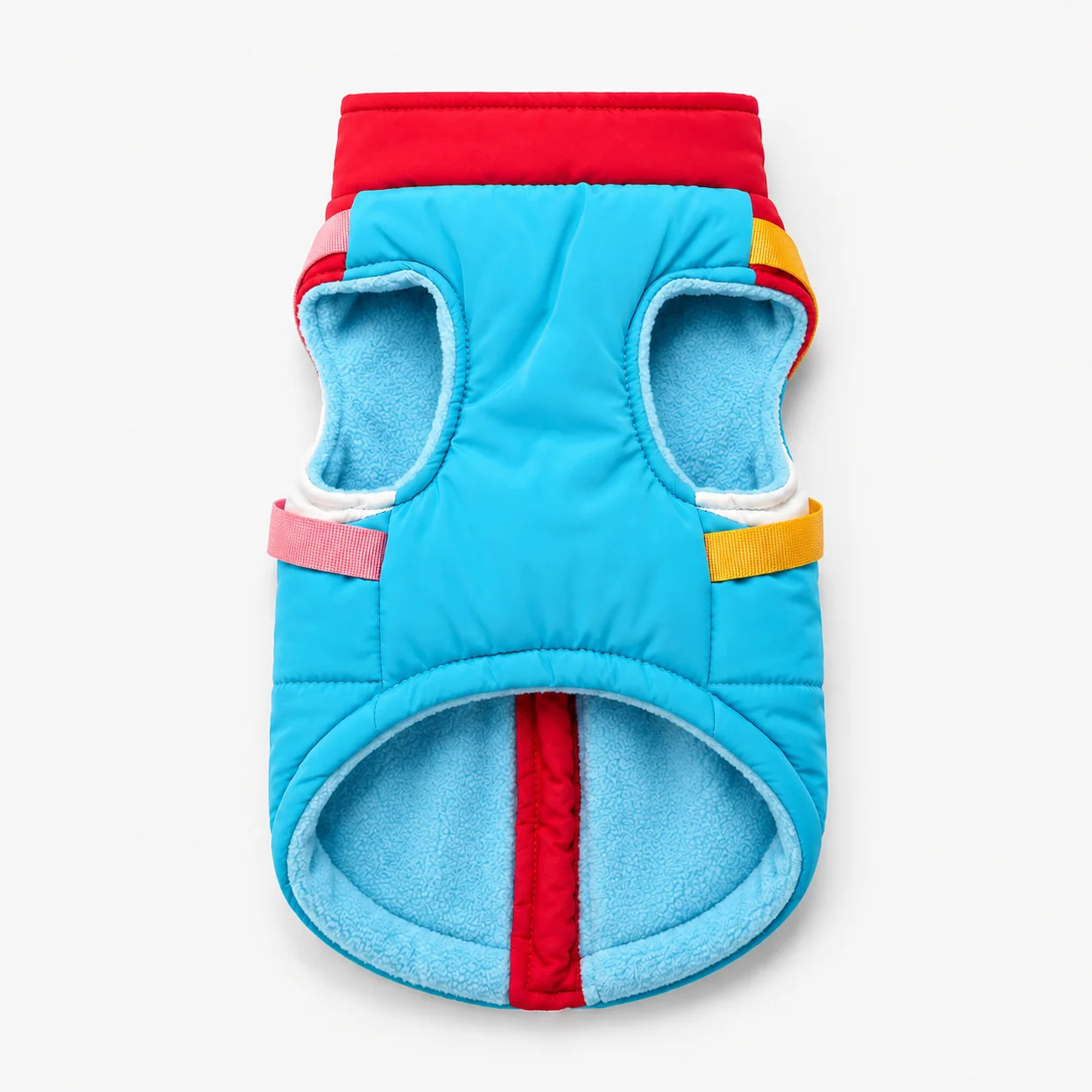 Casaco para cão acolchoado azul e vermelho com interior em fleece azul