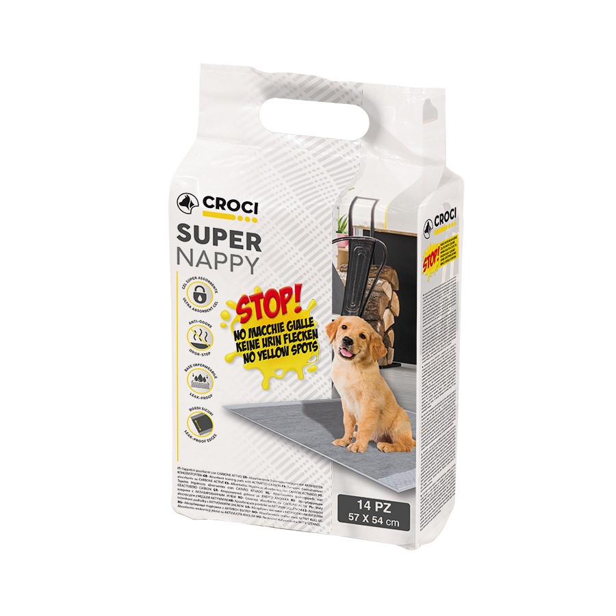 Pacote branco de almofadas absorventes para cães Croci Super Nappy com cão e texto no pacote