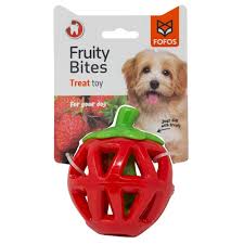 Brinquedo para cão em forma de morango vermelho com embalagem e imagem de cão